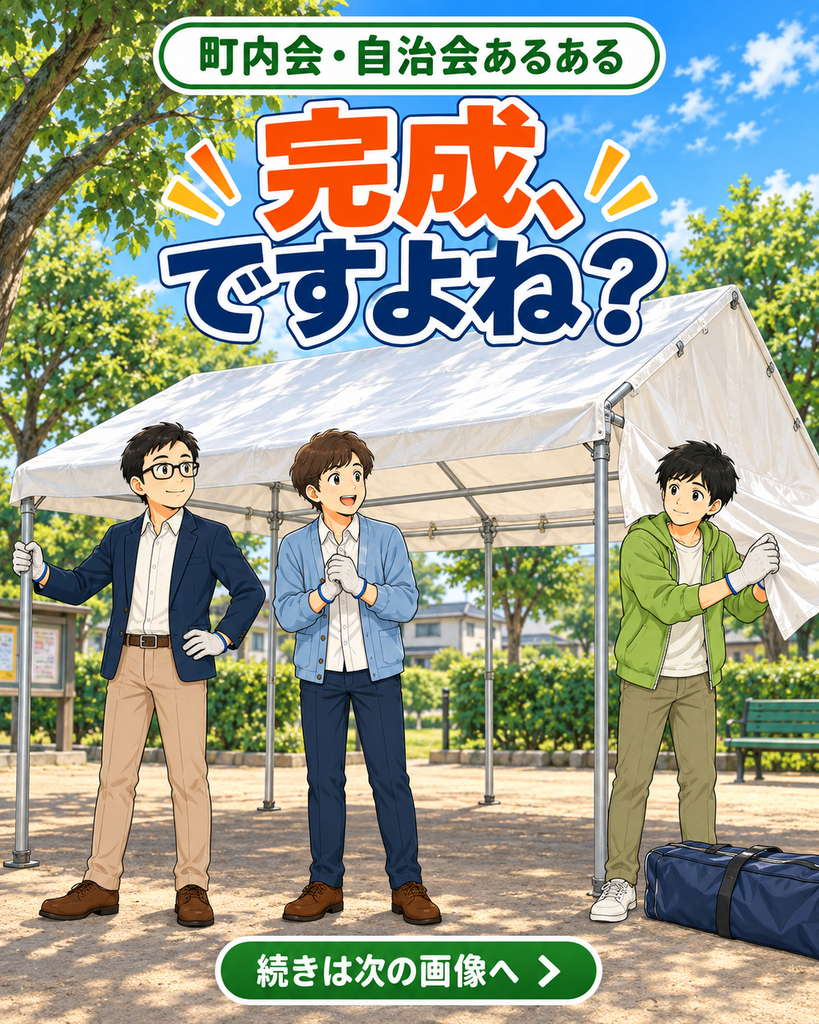 「漫画『完成、ですよね？』の表紙。会長、班野さん、若井さんが、地域行事のテント設営に取りかかる」
