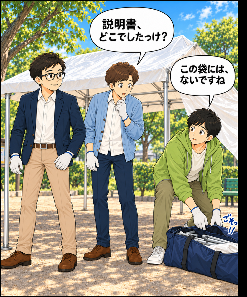 「テント設営の途中、班野さんが説明書の所在を尋ね、若井さんが部品の収納袋を確認するが見つからない」
