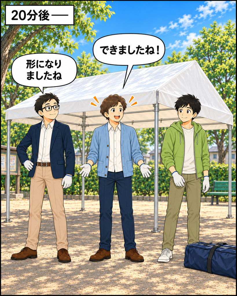 「20分後、完成したように見えるテントを前に、会長と班野さんが喜び、若井さんが片づけようと収納袋へ目を向ける」
