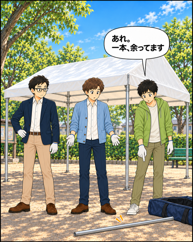 「若井さんが収納袋に残っていた長い支柱を地面へ出す。一本余っていると分かり、3人の視線が集まる」
