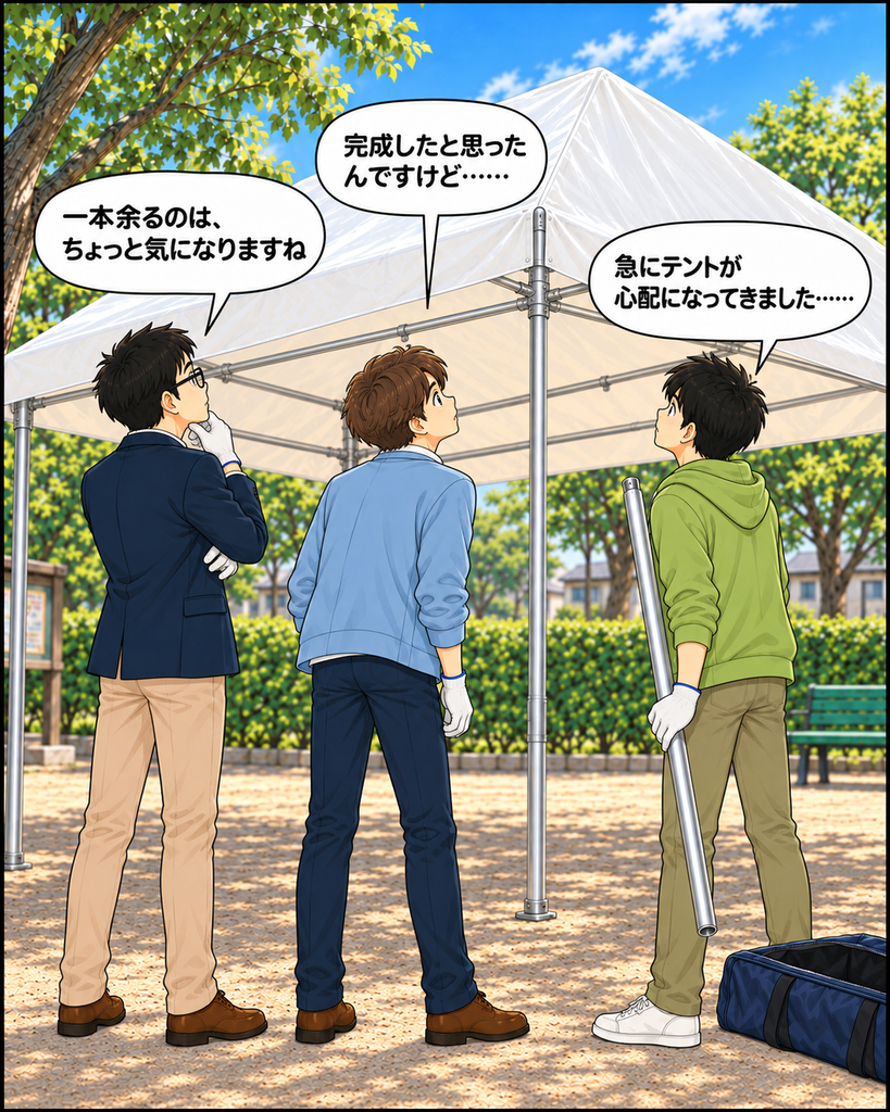 「テントと余った支柱を見比べ、そろって後ずさりする3人。会長が使用前の確認を提案し、班野さんが皆の足元に気づく」
