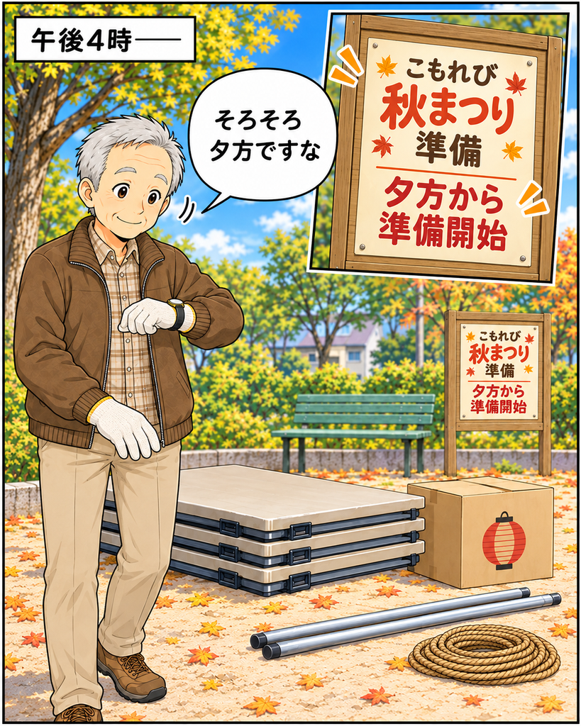 「午後4時、秋まつり準備の案内を確認し、一人で会場の準備を始めようとする古里さん」
