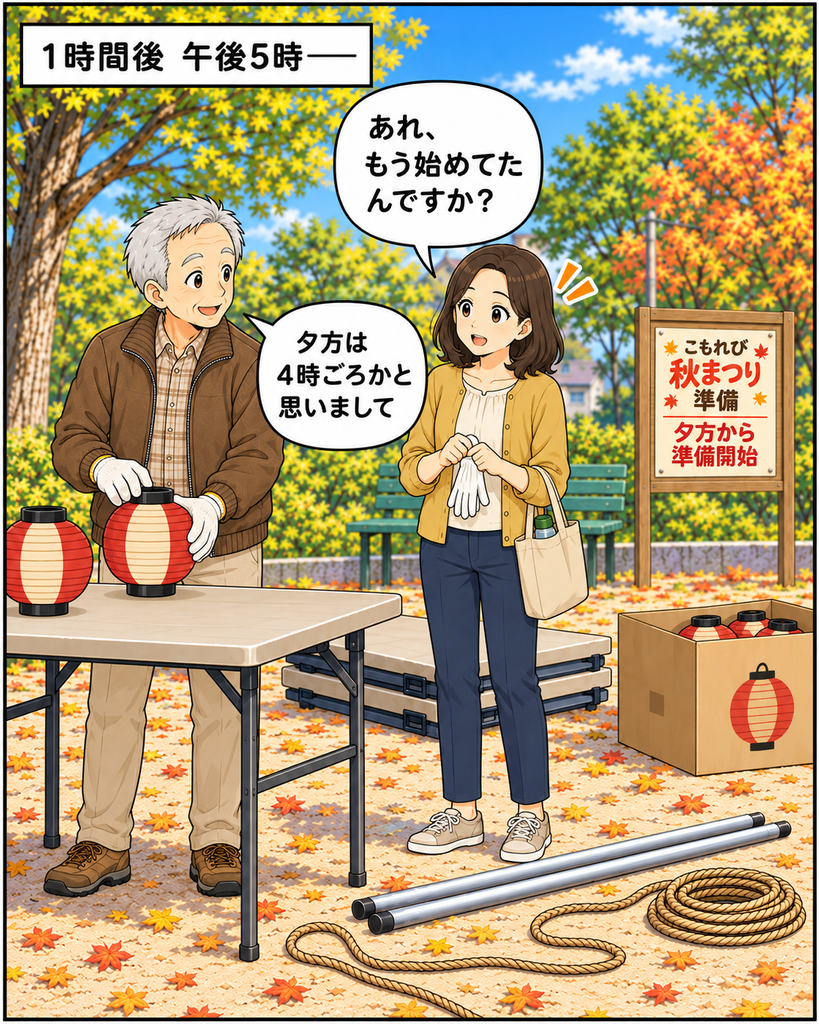「午後5時、すでに作業中の古里さんを見て、思っていた開始時刻との違いに驚く磯賀さん」
