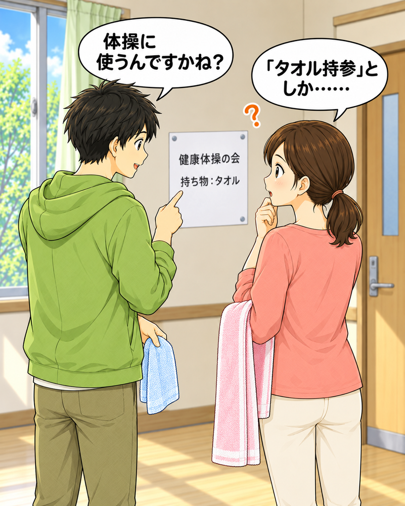 「二人が案内を読み直しても、持ち物欄にはタオルとあるだけ。体操に使うのかと、用途が分からず首をかしげる。」
