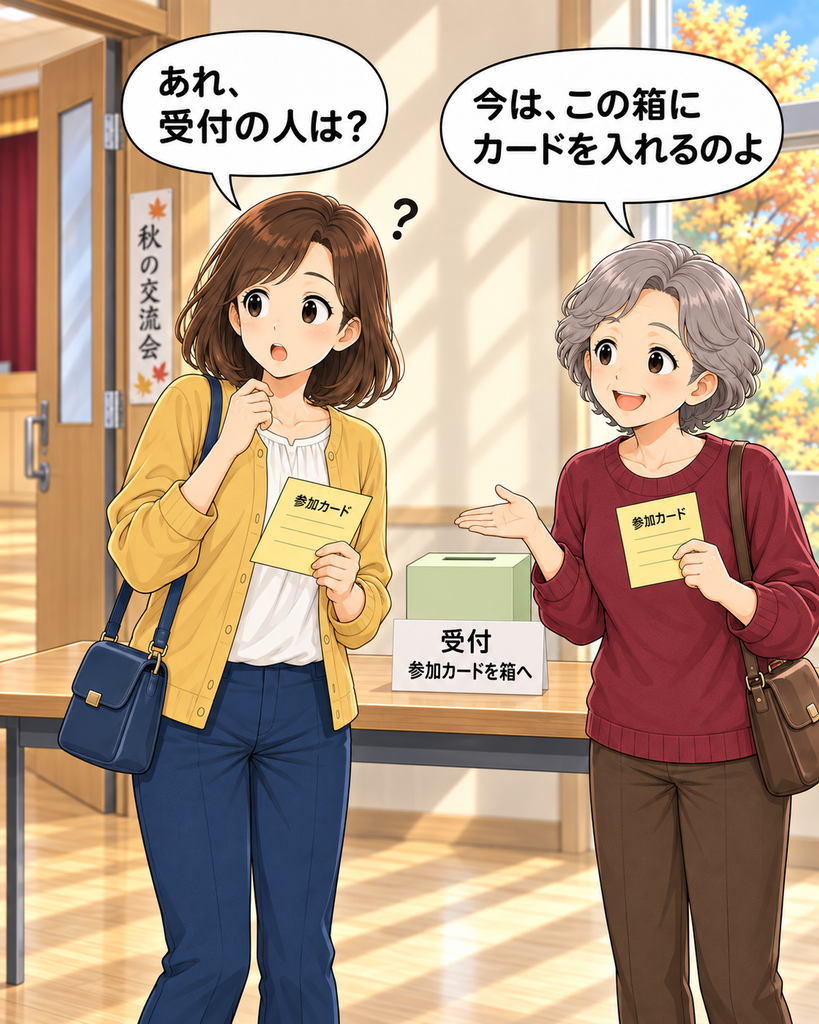 「受付係が見当たらず戸惑う磯賀さんに、古里さんが机の上の箱を示し、今は参加カードを入れる受付方法だと教える。」

