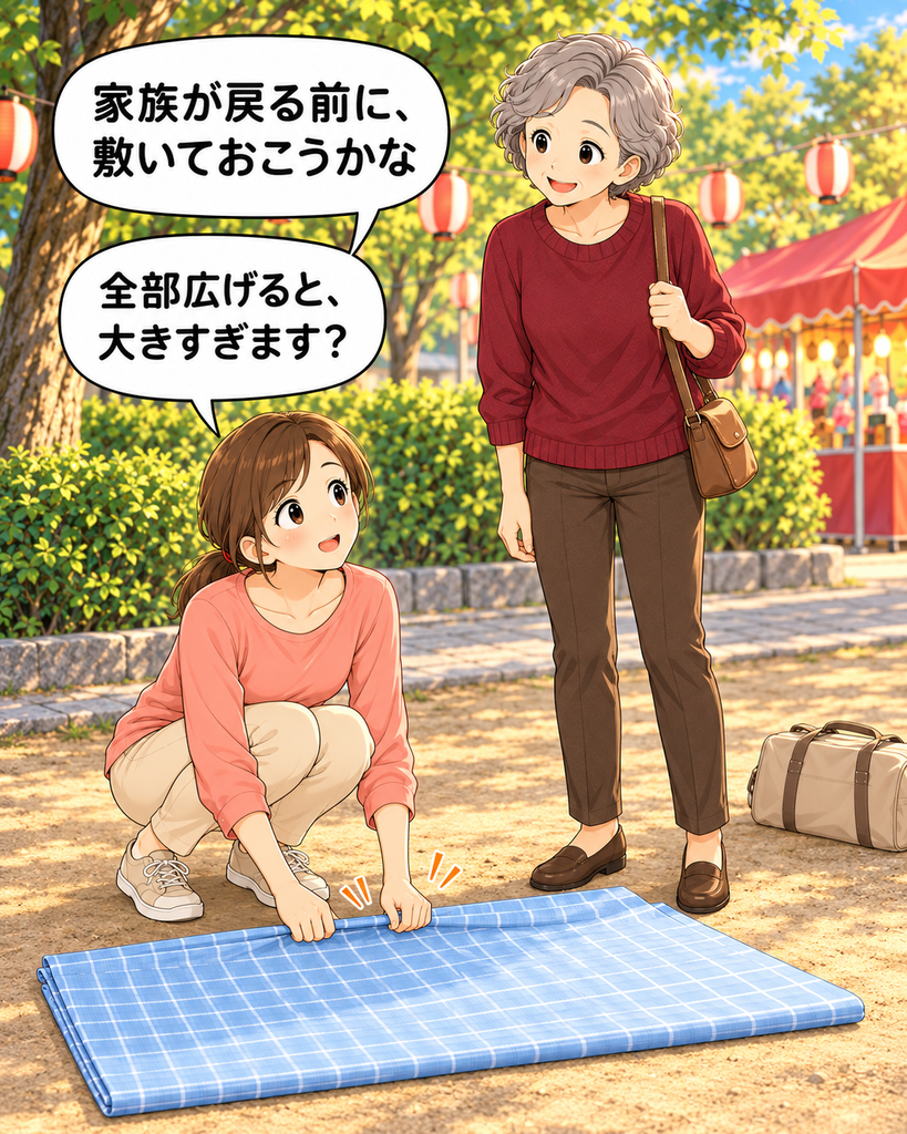 「夏祭りの休憩スペースで、家族用の敷物を半分広げた小想田さん。全部広げると大きすぎないか、隣の古里さんに相談する。」
