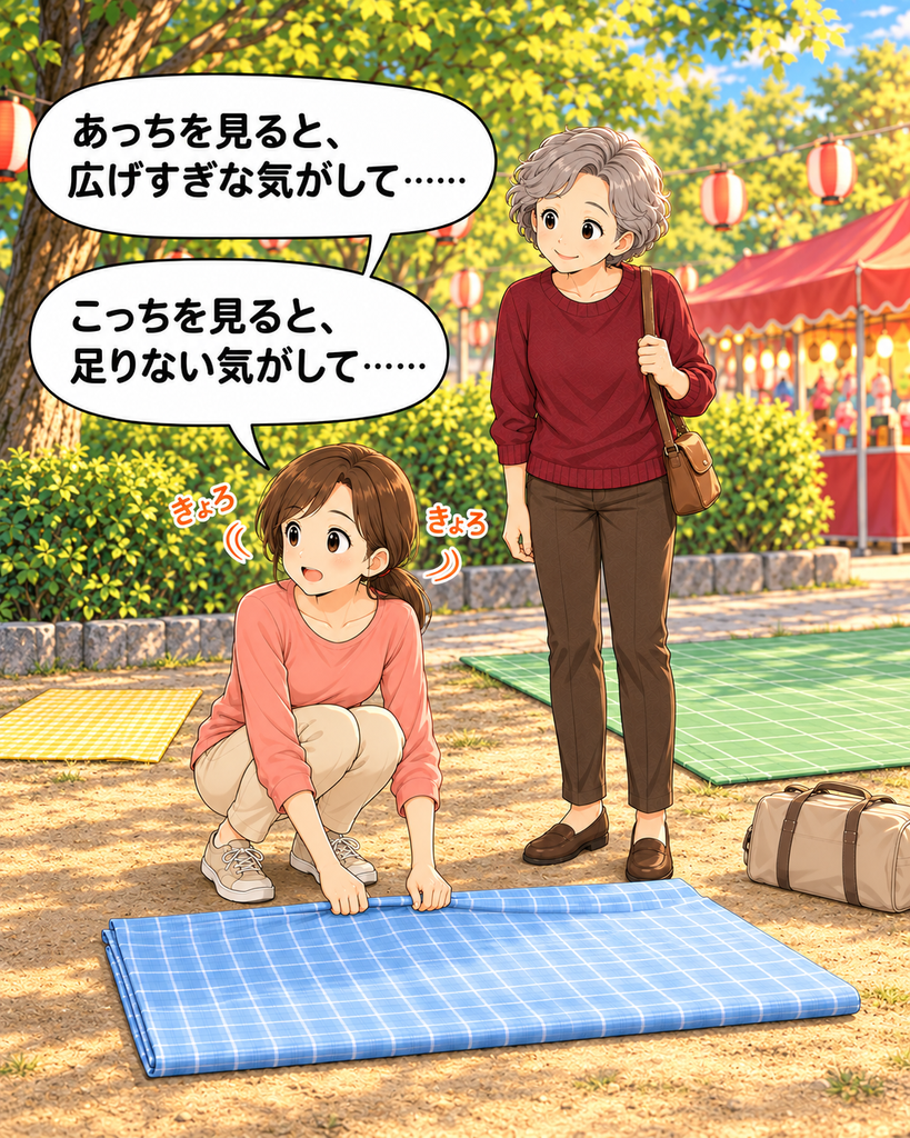 「周囲の小さな黄色い敷物と大きな緑の敷物を見比べる小想田さん。自分の敷物をどこまで広げるか、かえって迷ってしまう。」
