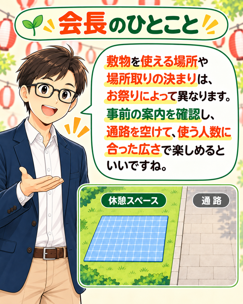 「町尾会長が会場案内を示し、敷物や場所取りの決まりを事前に確認して、通路を空け、人数に合った広さで楽しもうと伝える。」
