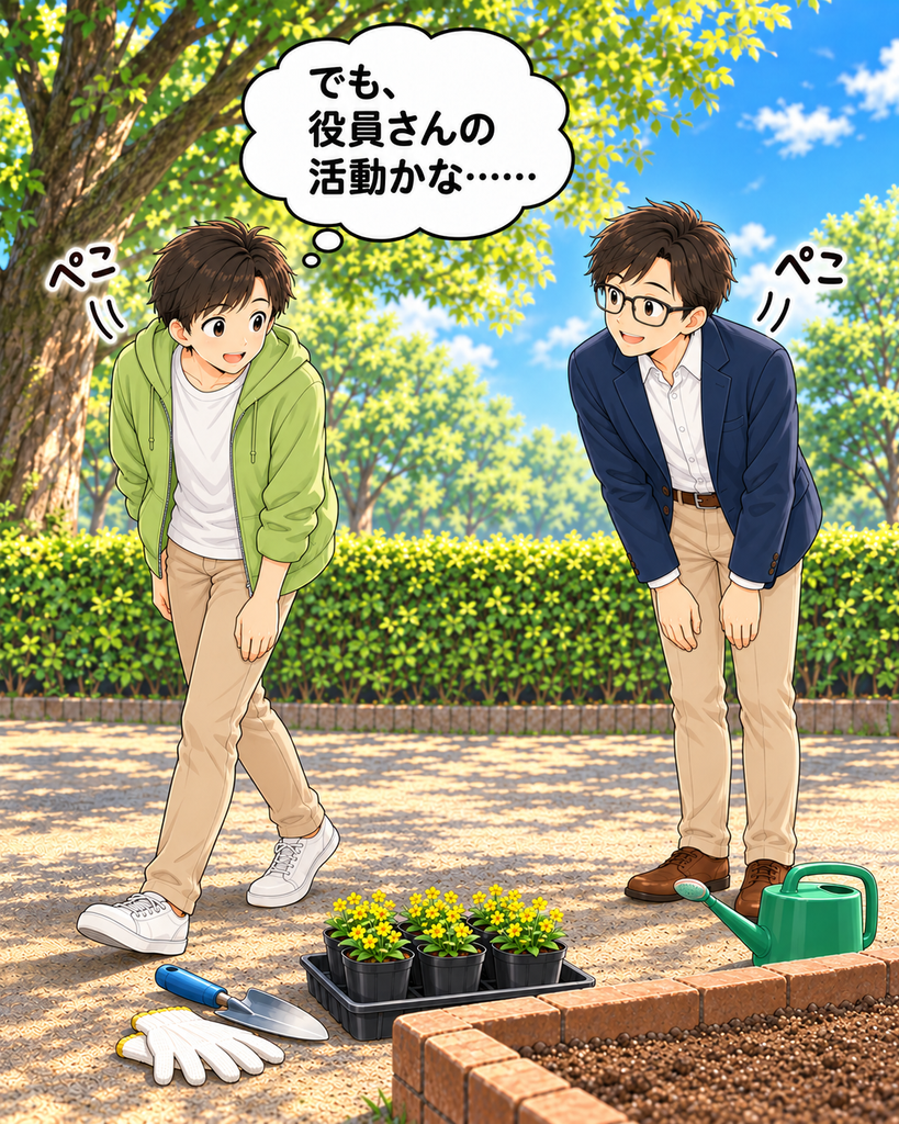 「花植えは役員だけの活動かもしれないと思う若井さん。町尾会長と会釈を交わし、そのまま通り過ぎようとする。」
