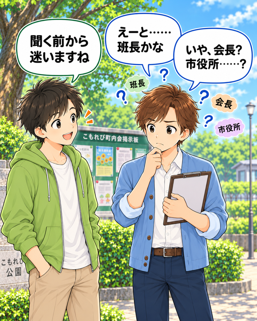 「班長、会長、市役所のどこへ聞くべきか迷い、若井さんと班野さんが一緒に考え込む」