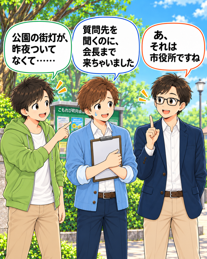 「公園の街灯について尋ねる若井さんに、町尾会長が市役所の窓口だと案内する」