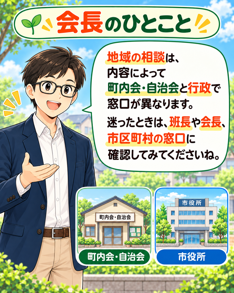 「会長のひとこと。地域の相談は内容によって町内会・自治会と行政で窓口が異なると伝える」