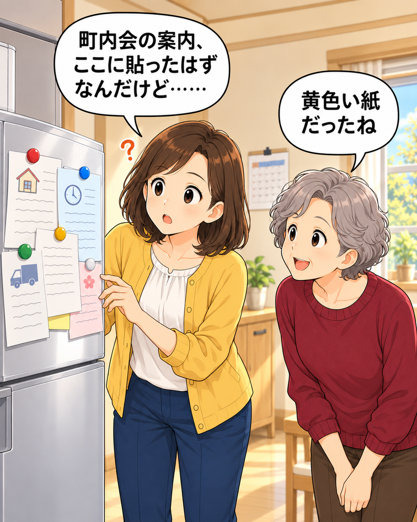 「冷蔵庫に貼った町内会の案内が見つからず戸惑う磯賀さん。知恵さんも、黄色い紙を目印に一緒に探している。」
