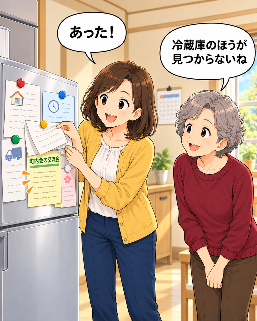 「磯賀さんが重なったプリントをめくると、下から黄色い案内が現れる。冷蔵庫の扉は紙でほとんど見えない。」
