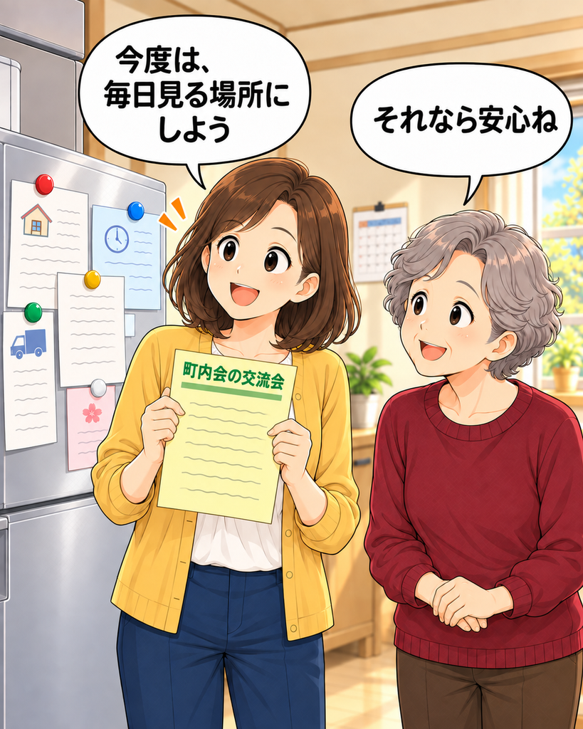 「見つけた黄色い案内を手に、毎日見る場所へ移そうと考える磯賀さん。知恵さんも安心した表情でうなずく。」
