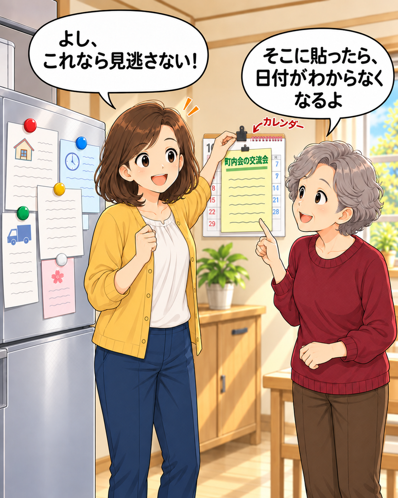 「案内をカレンダーの前に挟んで満足する磯賀さん。しかし日付欄がすっぽり隠れ、知恵さんが指摘する。」
