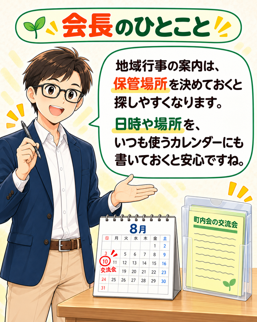 「会長のひとこと。町尾会長が、地域行事の案内は保管場所を決め、日時や場所をカレンダーにも残す工夫を紹介する。」
