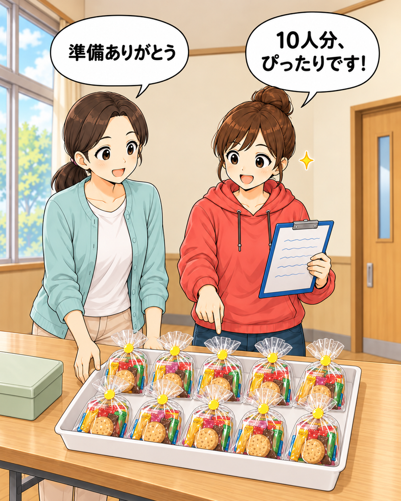 「参加予定の10人分のお菓子を数え終え、ぴったり用意できたと喜ぶ新米役員の初美。会長の真都美も笑顔でねぎらう。」
