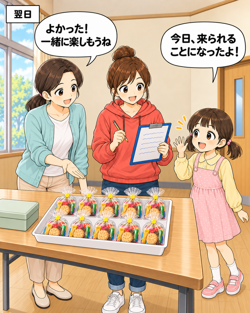 「行事当日、参加できるようになった芽衣を笑顔で迎える真都美と初美。参加人数が10人から11人に増える。」
