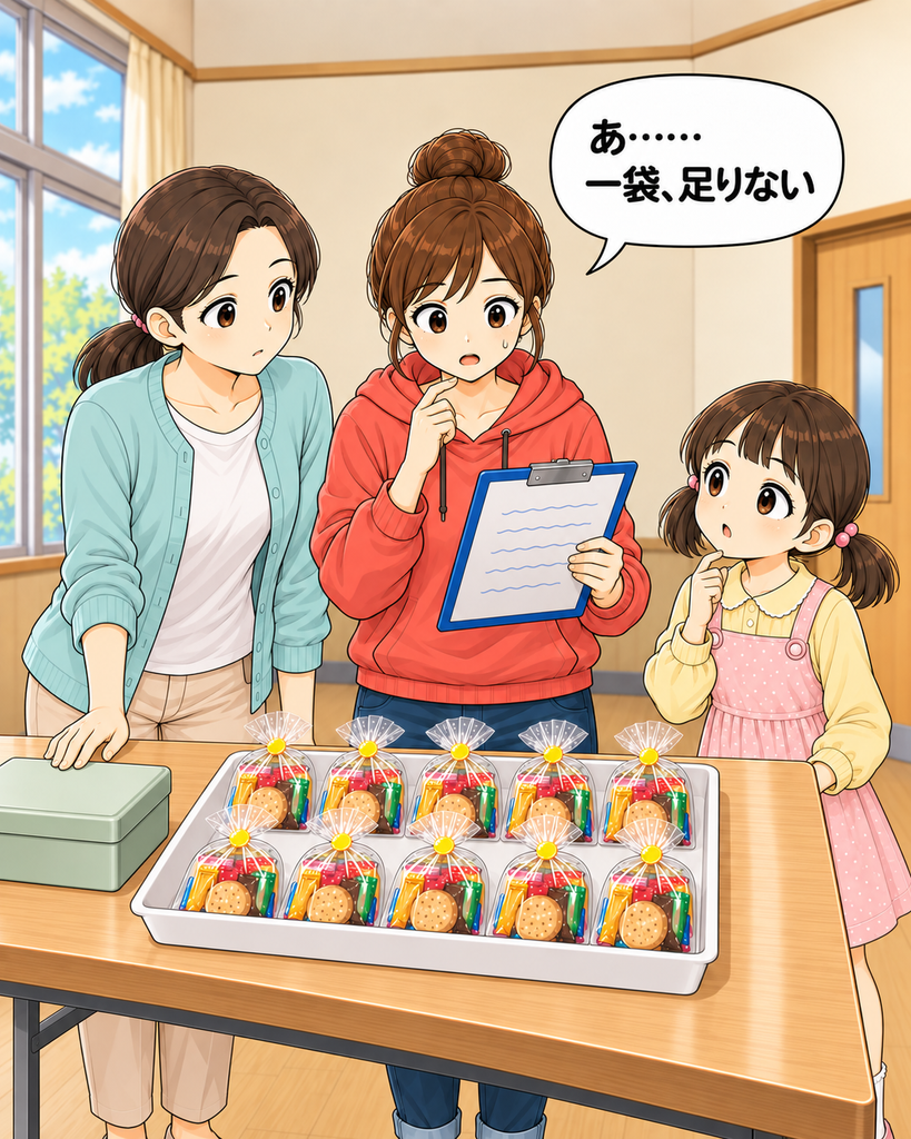 「参加者11人に対してお菓子は10袋。確認表と袋を見比べた初美が、一袋足りないことに気づく。」
