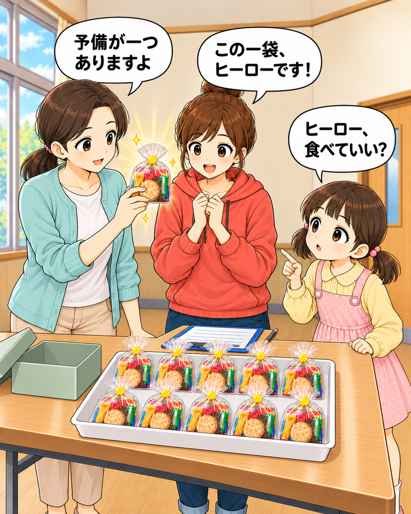 「真都美が取り出した予備の一袋を、初美がヒーローとたたえる。芽衣はお菓子を見つめ、ヒーローを食べてよいか尋ねる。」
