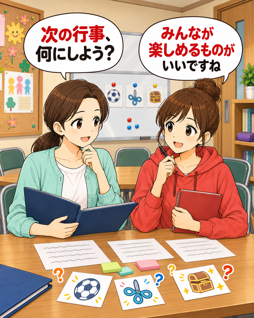 「こもれび集会所で、次の子ども会行事を何にするか話し合い始める子守会長と役野さん」
