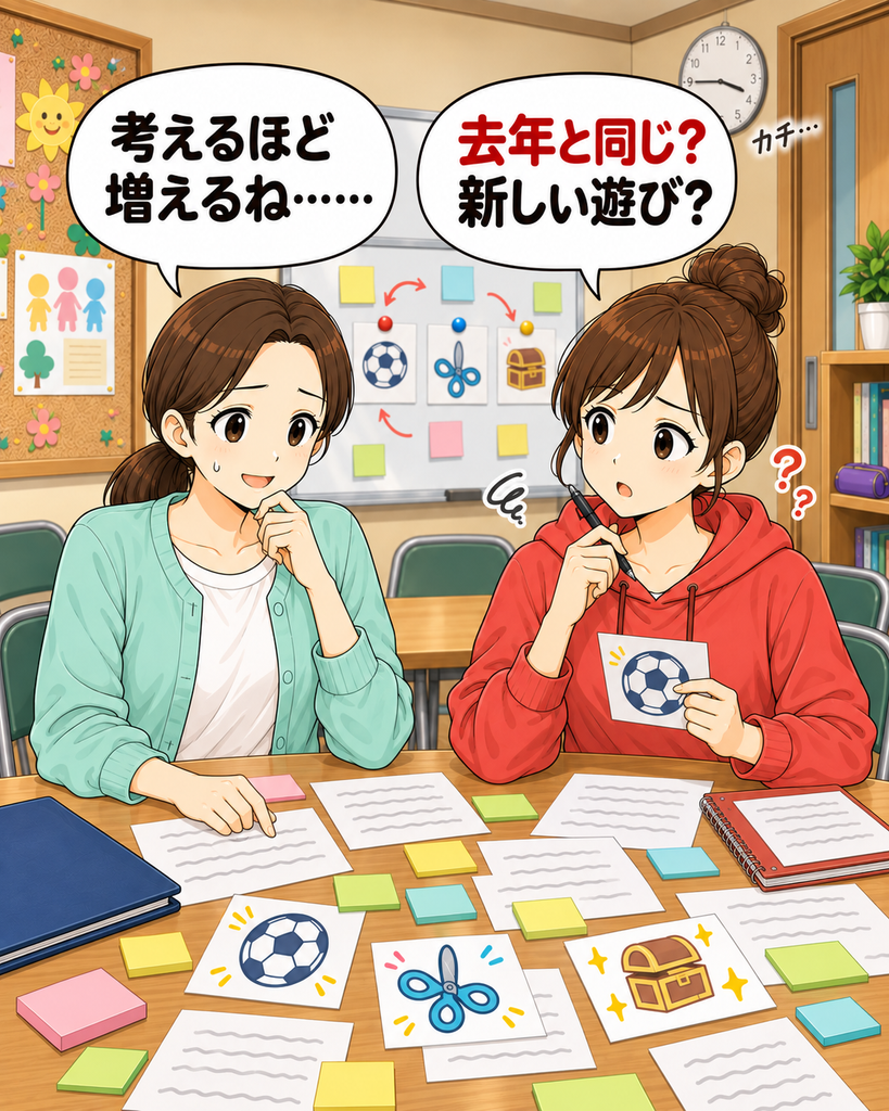 「企画の候補や資料が増え、次の子ども会行事をなかなか決められずに悩む二人の役員」
