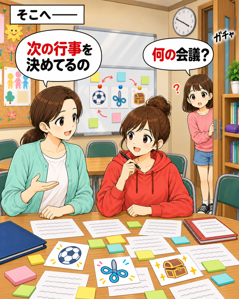 「忘れ物を取りに集会所へ戻った月乃が、会議中の二人に何を決めているのか尋ねる」
