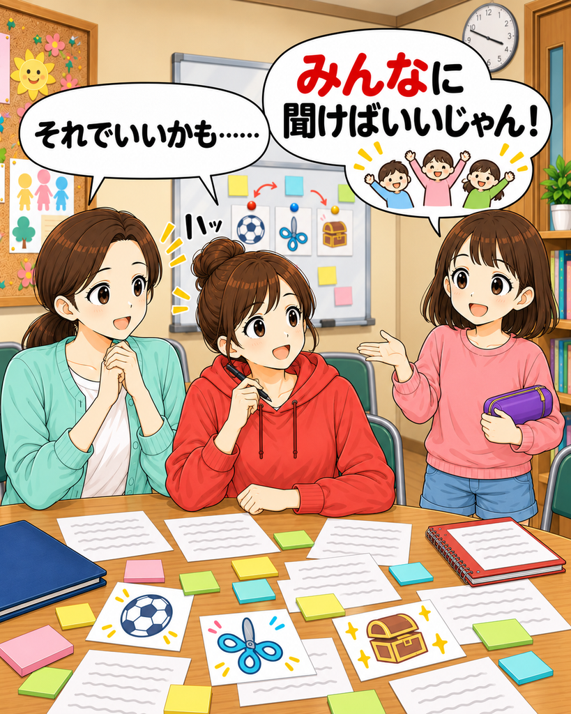 「月乃が子どもたち本人に聞けばよいと提案し、長く悩んでいた二人が同時に納得する」
