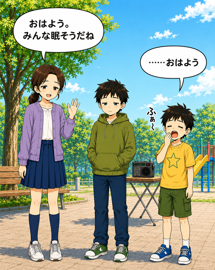 「夏休みの早朝、ラジオ体操が始まる前の公園で、眠そうにあいさつする結菜、悠人、駆」
