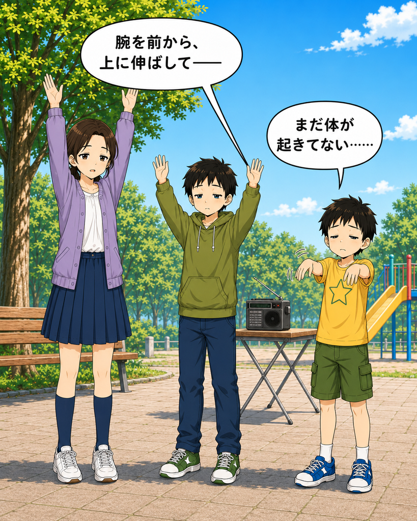「携帯ラジオの音声に合わせて体操する3人。駆は眠そうで、腕が途中までしか上がらない」
