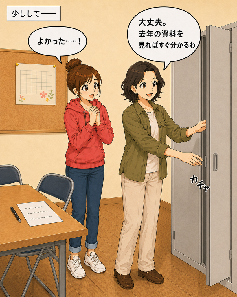 「書類保管庫を開ける慣田頼子と、去年の資料が見つかりそうで安心する役野初美」
