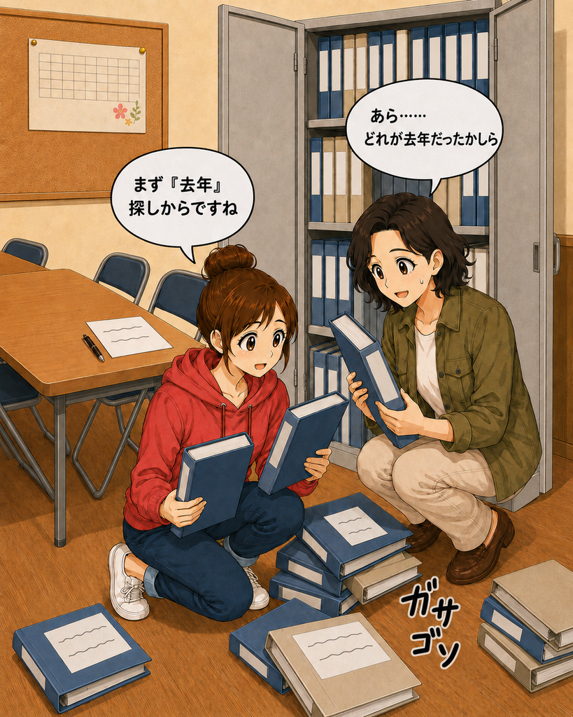「昨年度とだけ書かれた複数のファイルを前に、二人の役員が去年の資料を探し始める場面」
