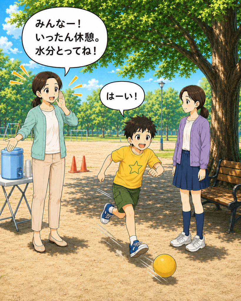 「夏の子ども会行事で会長が水分補給を呼びかける中、駆がボールを追いかけ続けている」
