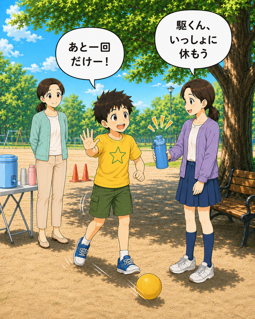 「まだ遊びたがる駆に、6年生の結菜が水筒を差し出し、一緒に休もうと声をかける」
