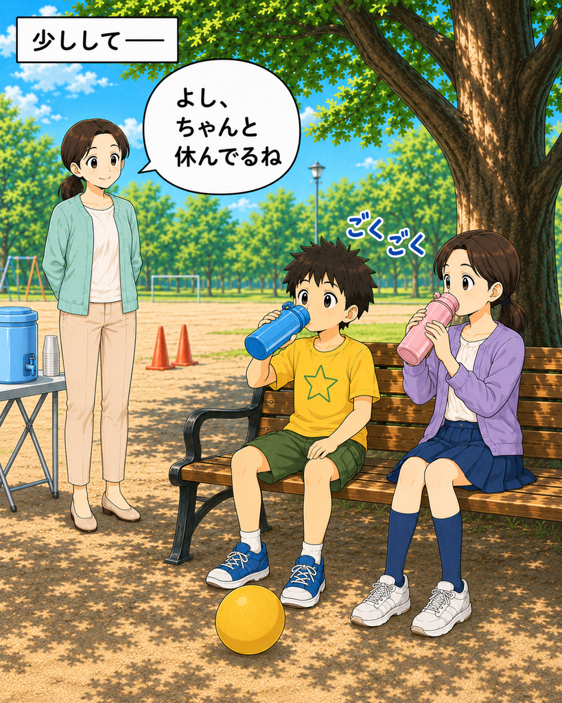 「木陰のベンチで水を飲む駆と結菜を見て、会長が安心した表情を浮かべている」
