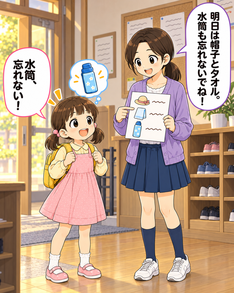 「行事前日、帽子とタオル、水筒を忘れないよう、持ち物カードを見せて芽衣に伝える結菜」
