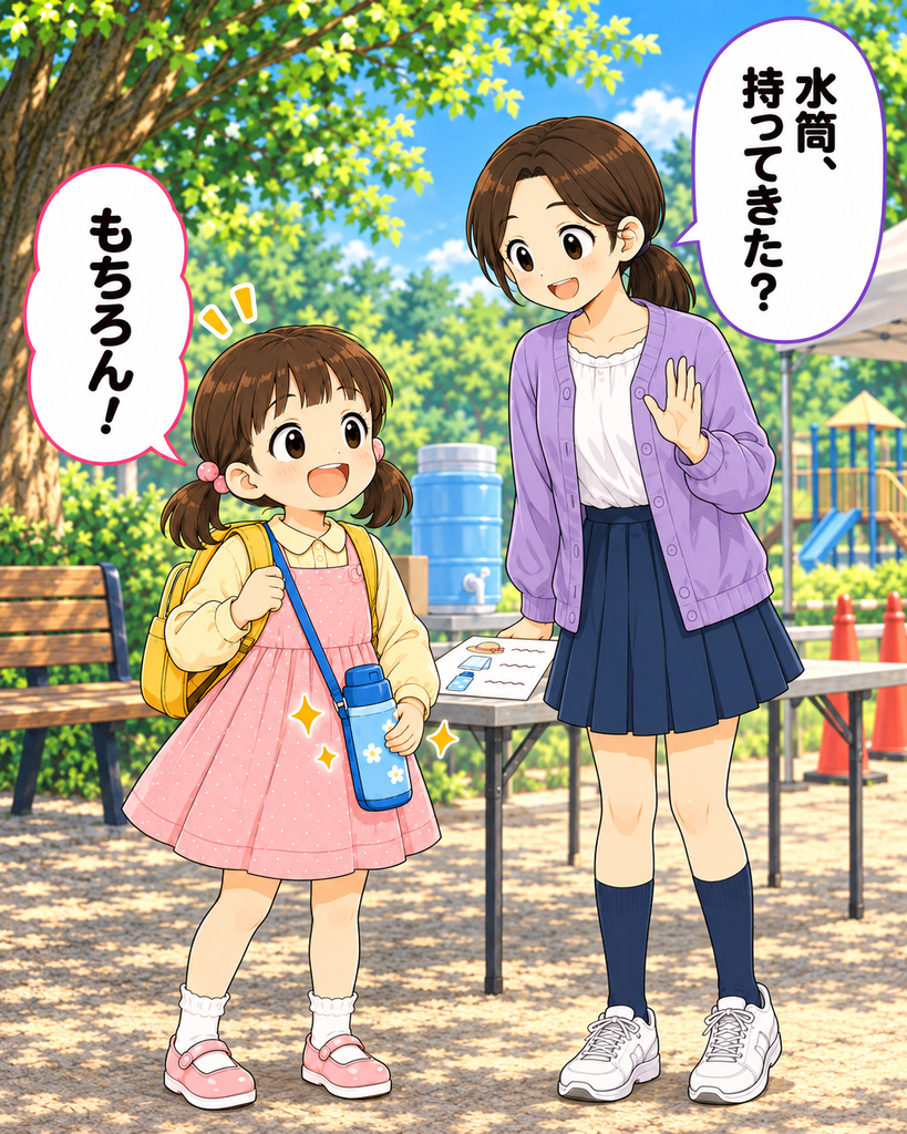 「子ども会行事の朝、青い水筒を持ってきたことを自信満々に結菜へ見せる芽衣」
