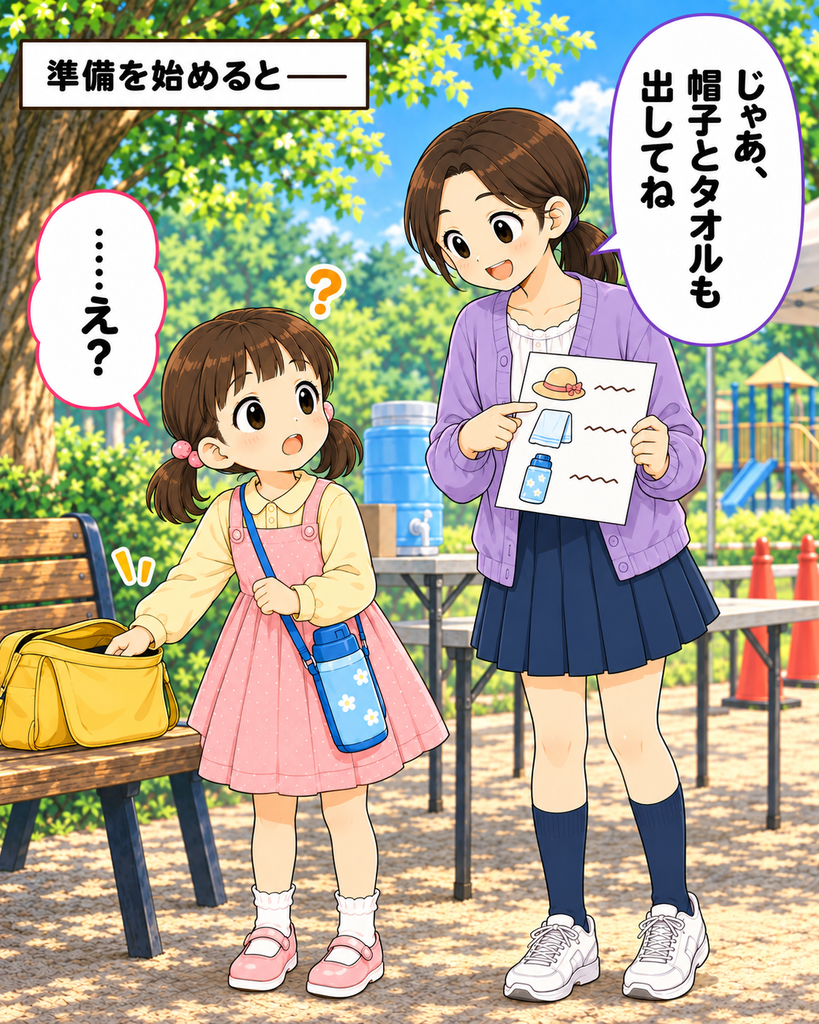 「公園でリュックを開き、帽子とタオルを出すよう言われて戸惑う芽衣と、持ち物を確認する結菜」
