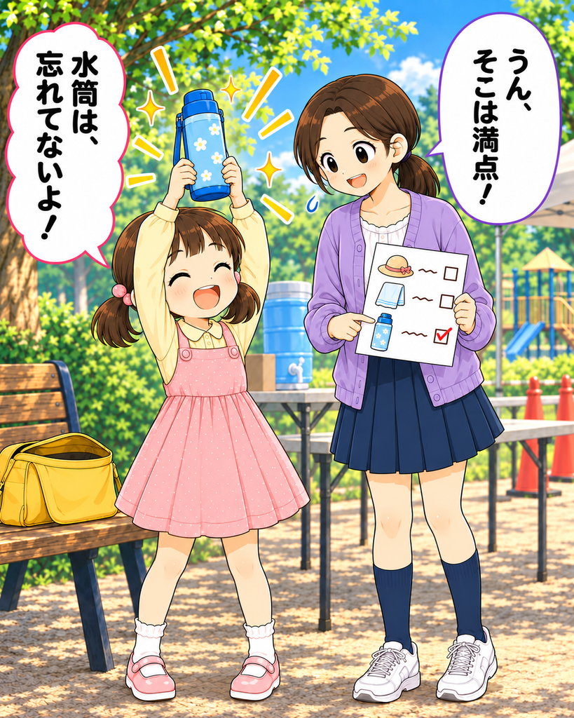「帽子とタオルは忘れたものの、約束どおり持ってきた青い水筒を誇らしげに掲げる芽衣」

