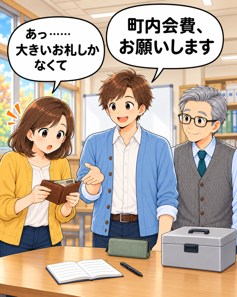 「町内会費を払いに来た磯賀さんが財布を開き、大きなお札しかないことに気づく」