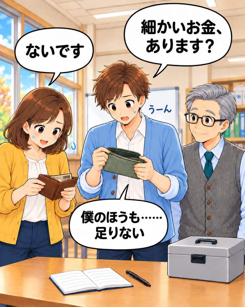 「細かいお金を探す磯賀さんと、お釣り用のポーチを確認して足りないことに気づく班野さん」