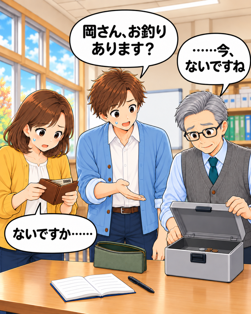「班野さんが会計の岡さんにお釣りを尋ねるが、現金ケースにも必要な金額がなく3人で困る」