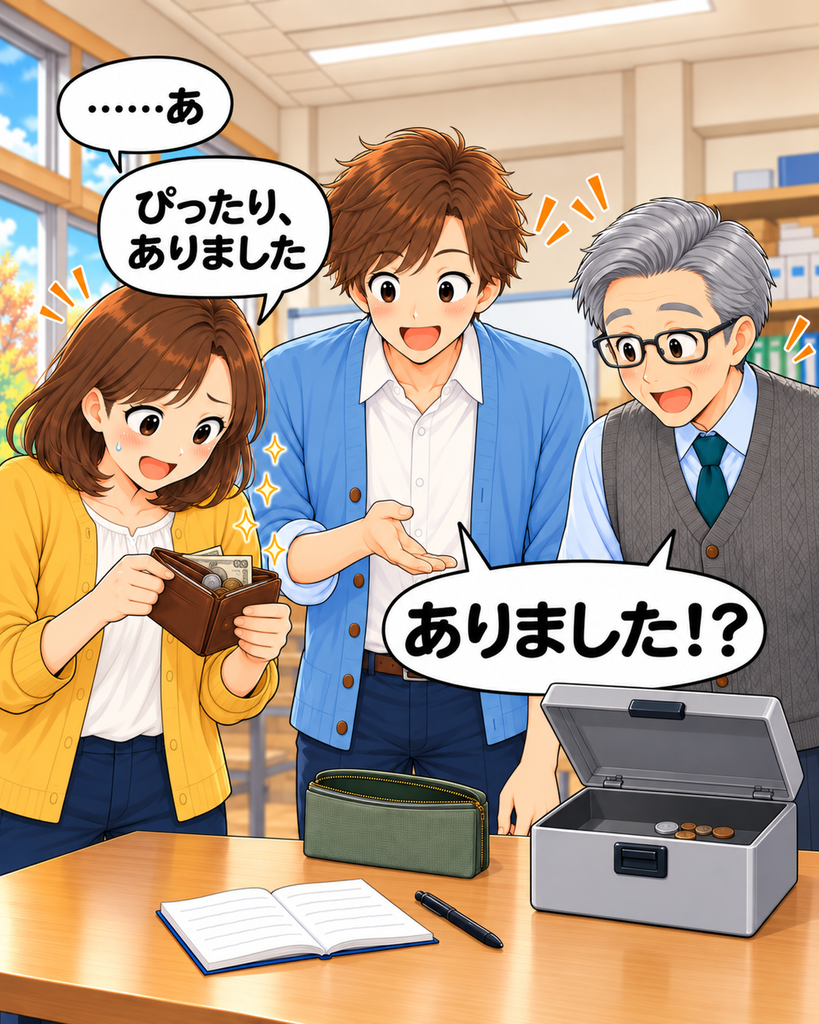 「磯賀さんが財布の奥から町内会費ぴったりの金額を見つけ、班野さんと岡さんが驚く」