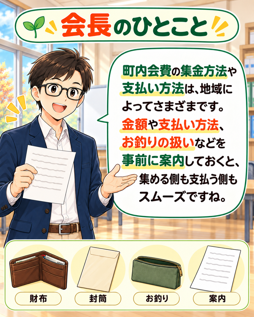「会長のひとこと。町内会費の金額や支払い方法、お釣りの扱いを事前に案内するとスムーズだと伝える」
