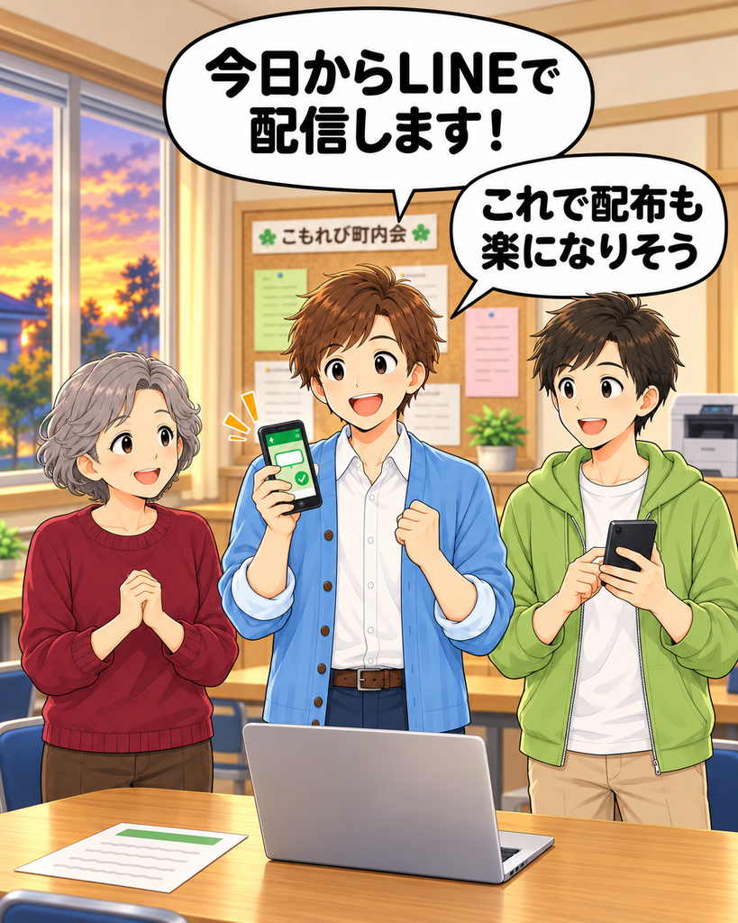 「町内会のお知らせをLINEで配信し、これで配布が楽になりそうだと喜ぶ新米班長の班野さん」