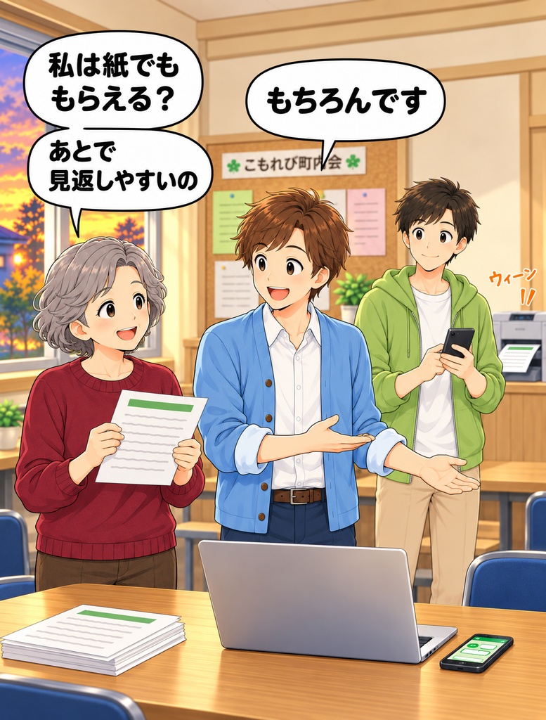 「紙でお知らせを受け取りたい知恵さんの希望を聞き、班野さんがプリンターで印刷を始める」