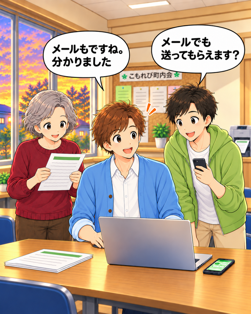 「若井さんからメールでも受け取りたいと希望され、班野さんがパソコンでの対応も始める」