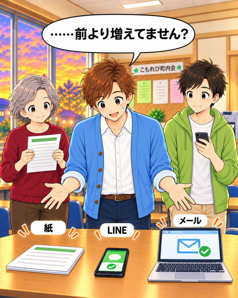 「紙・LINE・メールの3種類を前に、便利にしたはずなのに作業が増えたと気づく班野さん」
