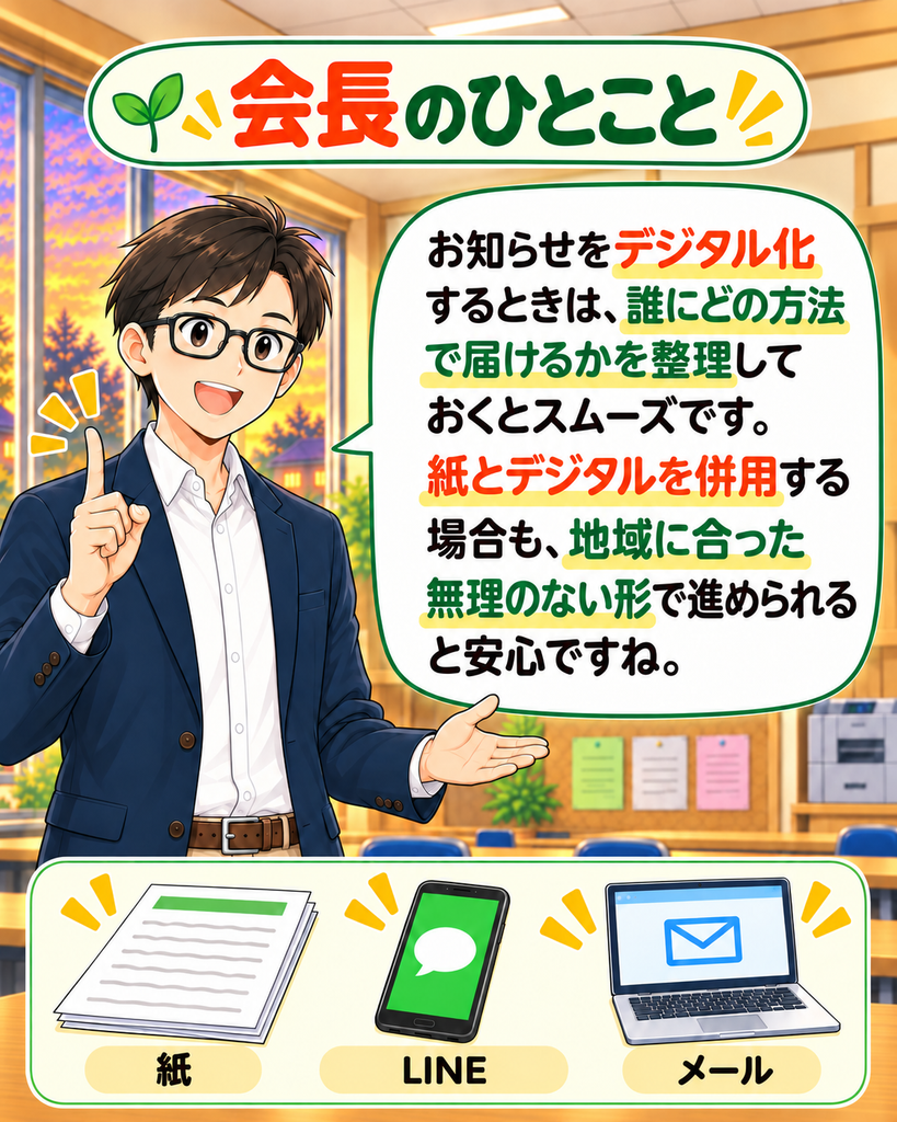 「会長のひとこと。地域に合った連絡方法を整理し、紙とデジタルを無理なく使い分ける大切さを伝える」